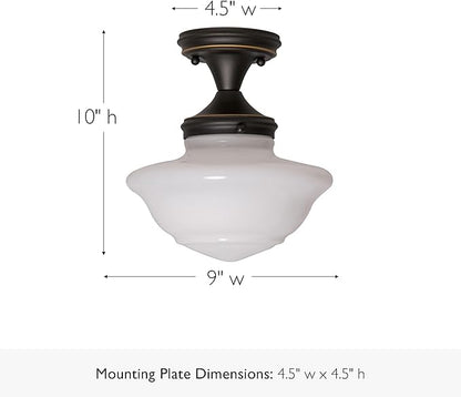 Design House Vintage-Inspired Schoolhouse Semi-Flush Mount Ceiling Light, 9 in x 9 in x 10 in, Oil-Rubbed Bronze, White Glass Shade, 507502