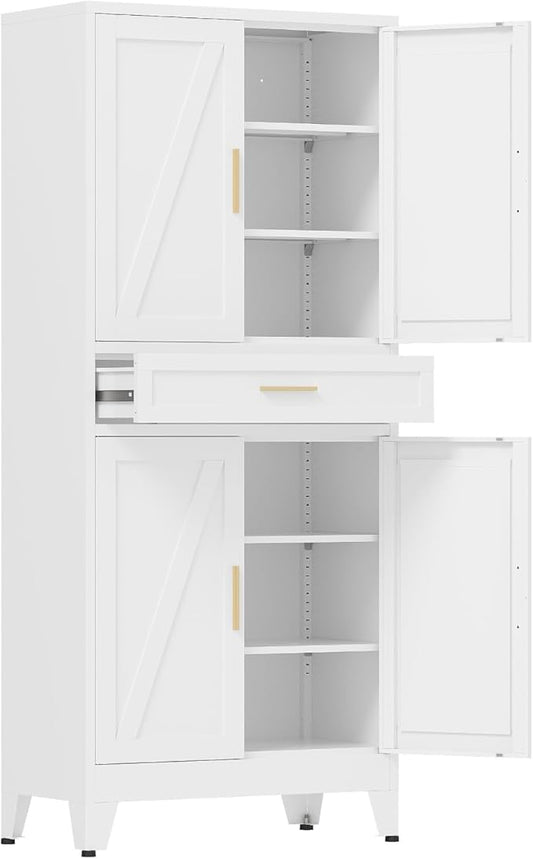 COFaR 71'' Tall Metal Pantry Cabinet with Drawer, Kitchen Storage Cabinet with 4 Doors and Shelves, Freestanding Farmhouse Food Cupboard for Kitchen Dinning Room Garage, White 6-Tier