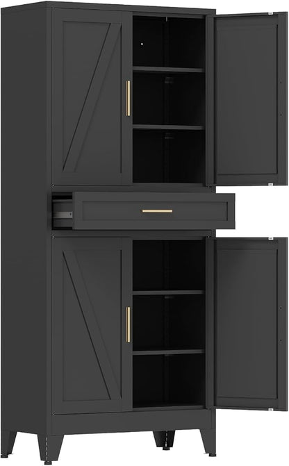 COFaR 71 in Tall Kitchen Pantry Cabinet with Drawer, Metal Pantry Storage Cabinet with 4 Adjustable Shelves and 4 Barn Doors, Freestanding Farmhouse Food Cupboard for Dining Room Garage, Black 6-Tier