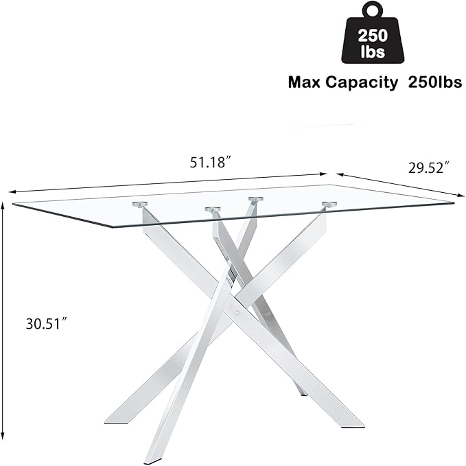 51.2'' Glass Dining Table for 4, Rectangular Dining Room Table for 4, X-Shape Silver Metal Legs, Kitchen Dining Room Living Room Glass Top Kitchen Table for 2