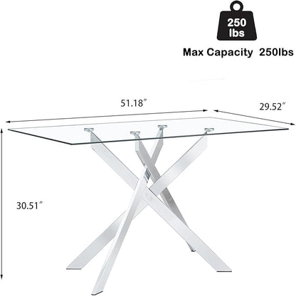 51.2'' Glass Dining Table for 4, Rectangular Dining Room Table for 4, X-Shape Silver Metal Legs, Kitchen Dining Room Living Room Glass Top Kitchen Table for 2