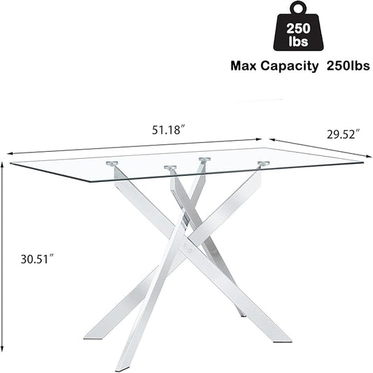 51.2'' Glass Dining Table for 4, Rectangular Dining Room Table for 4, X-Shape Silver Metal Legs, Kitchen Dining Room Living Room Glass Top Kitchen Table for 2