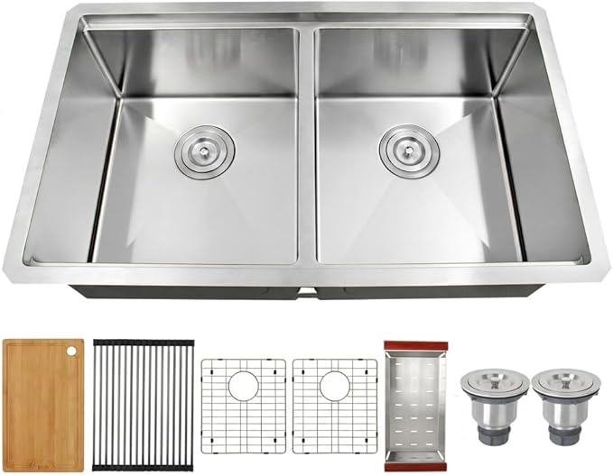 LQS Kitchen Sink Stainless Steel, Undermount Kitchen Sink 32 Inch, 50/50 Double Bowl True 16 Gauge Stainless Steel Handmade with Abundant Accessories, R10 Round Corner and 10” Depth for Large Kitchen
