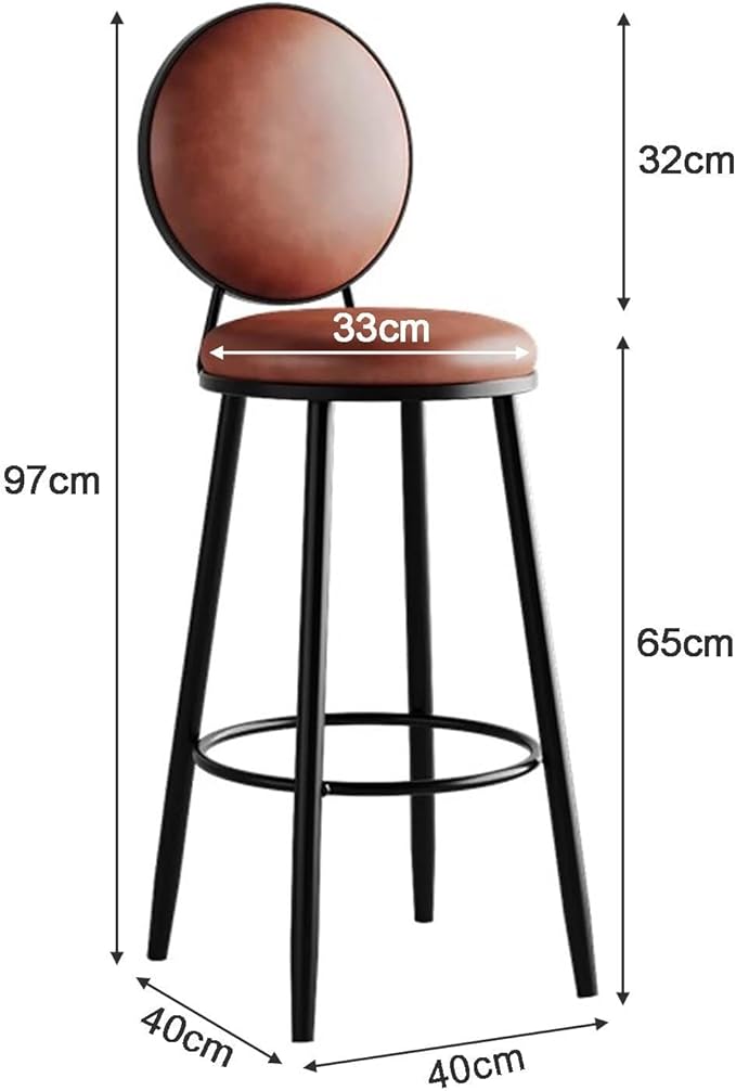 Set of 2 Leather Stools, Counter Height with Back, Upholstered Chairs for Kitchen Island, 65cm Sitting Height, Orange & Brown