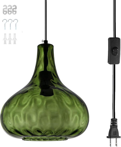 Vintage Plug in Pendant Light Fixture Mid-Century Modern Pendant Lamp with 14.7 ft Cord Hammered Green Glass Globe Shade Retro Plug in Hanging Light for Bedroom Living Room