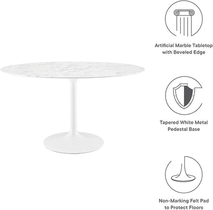 Modway Lippa 54" Oval-Shaped Mid-Century Modern Dining Table with Artificial Marble Top and White Base