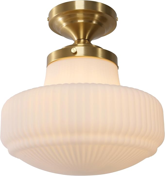 Milk White Glass Flush Mount Ceiling Light Fixture, Mid Century Modern Farmhouse Close to Ceiling Lamp for Bedroom Kitchen Hallway Laundry, Gold Ceiling Lighting