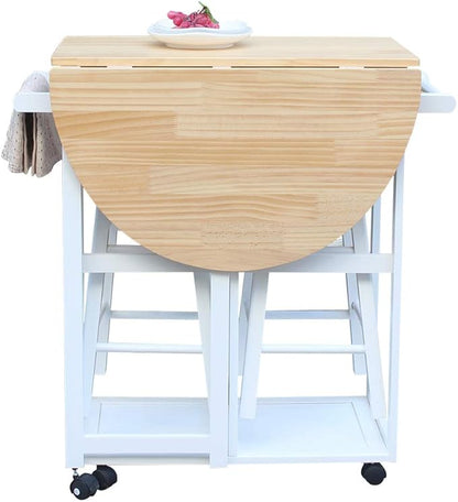 Foldable Dining Table Set, Kitchen Island Trolley Cart with 2 Stools and 2 Drawers Solid Wood Drop Leaf Table Breakfast Cart Bar Dining Room Serving Cart (Semicircle Dining Cart White 2)