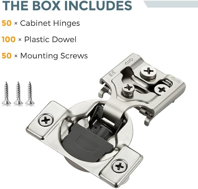 HOME EDIT 50 Pack 25 Pairs 3/8 inch Overlay Soft Close Cabinet Hinges for Kitchen, Stainless Steel Three-Way Adjustable, Concealed Self-Closing Door Hinges