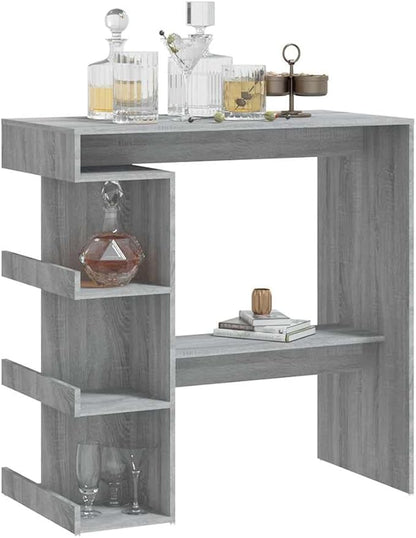 Wall-Mounted Bar Table with Storage Racks, Grey Sonoma Finish, Space-Saving Design for Kitchen or Dining Area, Footrest Included