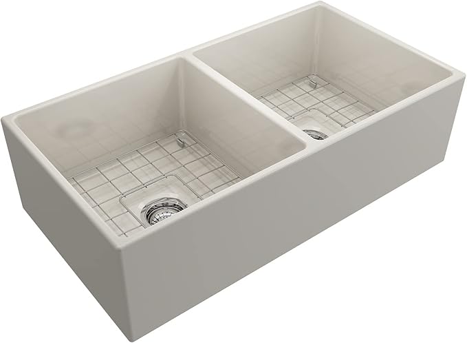 BOCCHI Contempo Farmhouse Apron Front Fireclay 36 in. Double Bowl Kitchen Sink with Protective Bottom Grid and Strainer in Biscuit