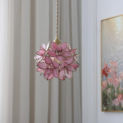 Glass Flower Pendant Light Petals Tiffany Style Stained Glass Ceiling Pendant Light with Pink Lampshade