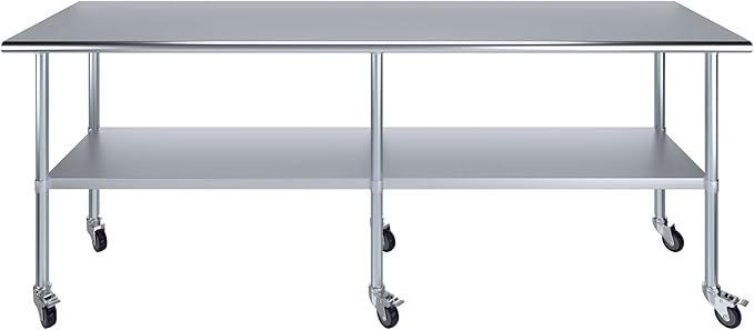 Stainless Steel Work Table with Wheels | NSF Kitchen Island Food Prep | Laundry Garage Utility Bench (Table + Wheels, 96" Long x 24" Deep)