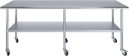 Stainless Steel Work Table with Wheels | NSF Kitchen Island Food Prep | Laundry Garage Utility Bench (Table + Wheels, 96" Long x 24" Deep)