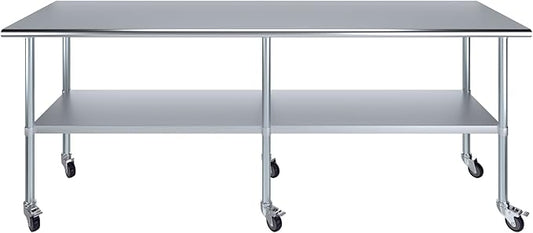 Stainless Steel Work Table with Wheels | NSF Kitchen Island Food Prep | Laundry Garage Utility Bench (Table + Wheels, 96" Long x 24" Deep)