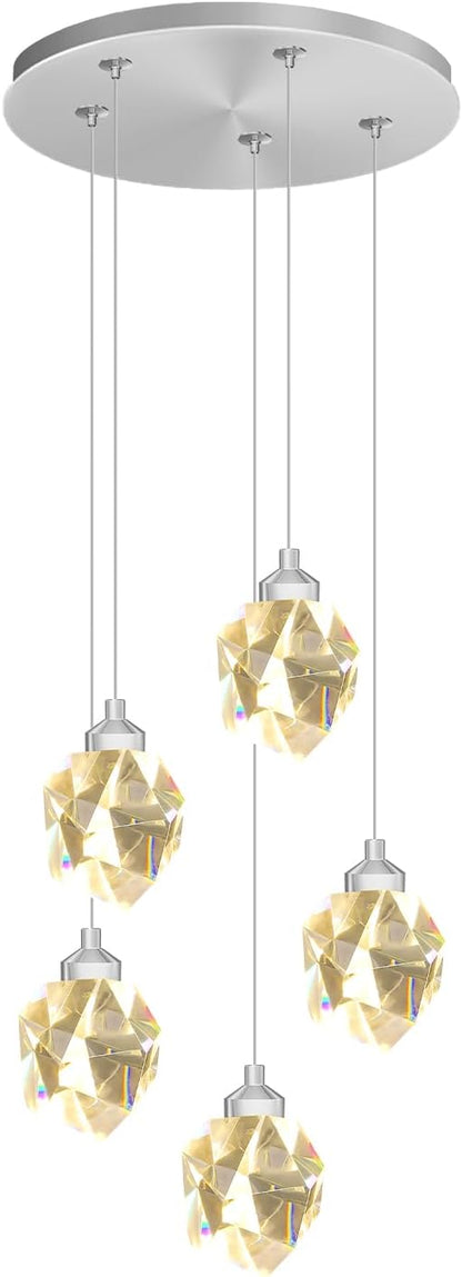 5-Light Cluster Crystal Raindrop Pendant Lights- 25W LED Dimmable Hanging Light Fixture Chandelier for Kitchen Island, Dining Room Living Room
