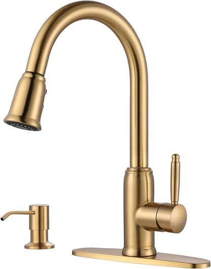 Gold Kitchen Faucet with Soap Dispenser, WOWOW Stainless Steel Kitchen Faucet for Sink 2 or 4 Hole, High Arc Vintage Kitchen Sink Faucet with Pull Down Sprayer