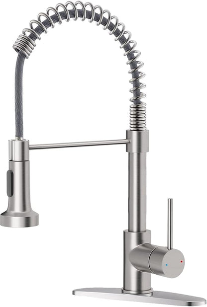 OWOFAN Kitchen Faucet Low Lead Commercial Solid Brass Single Handle Single Lever Pull Out Pull Down Sprayer Spring Kitchen Sink Faucet, Brushed Nickel Kitchen Faucets 866053SN