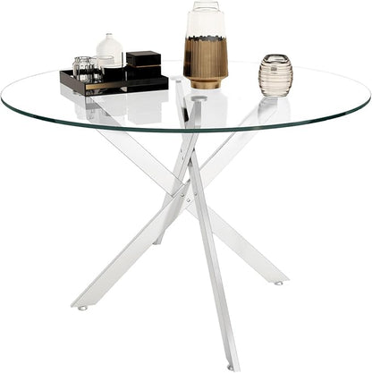 Silver Glass Dining Table for 6 Modern 47.3" Round Kitchen Dining Room Table for 4-6 with X-Shape Metal Base Large Clear Glass Top Dining Tables for Home Kitchen