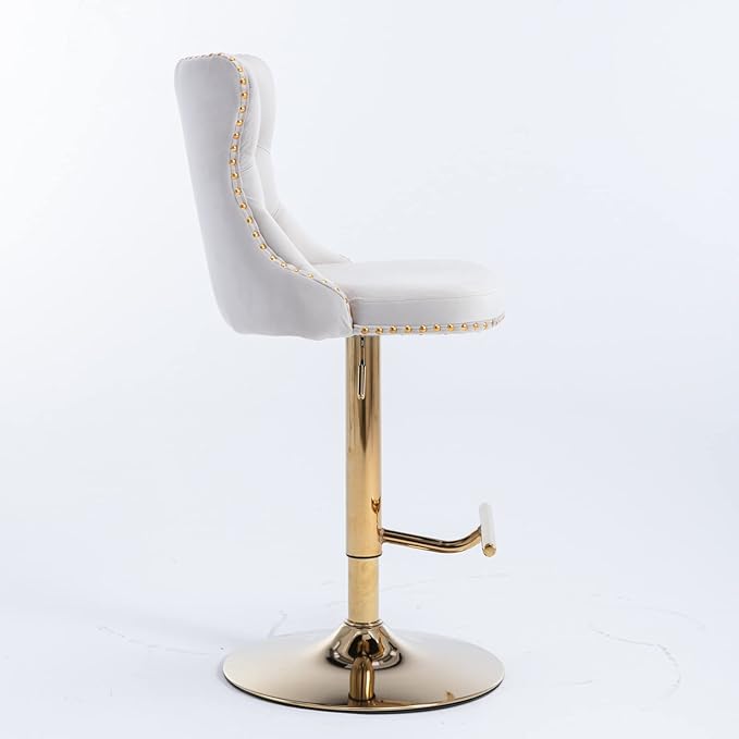 Rhomtree Velvet Swivel Bar Stools Upholstered Bar Stool with Button Tufted Back and Pull Ring Height Adjustable Barstools 25-33 Inch for Home Pub and Kitchen Island (Beige with Gold Base, Set of 6)