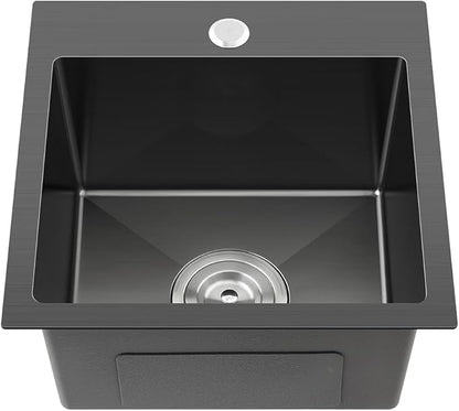 15 x 17 Inch Kitchen Bar Sink Drop In,304 Stainless Steel Handmade Single Bowl Topmount Kitchen Sink, Black