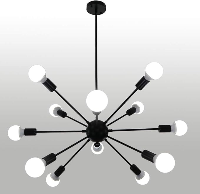 LynPon Sputnik Ceiling Light Fixture, 12 Lights Black Chandelier for Dining Room, Mid Century Chandeliers Industrial Hanging Light Vintage Pendant Light for Foyer Kitchen Living Room Bedroom