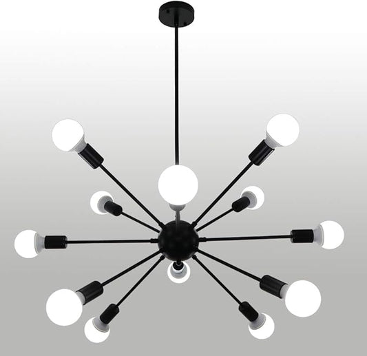 LynPon Sputnik Ceiling Light Fixture, 12 Lights Black Chandelier for Dining Room, Mid Century Chandeliers Industrial Hanging Light Vintage Pendant Light for Foyer Kitchen Living Room Bedroom