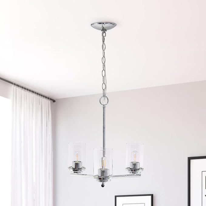 Elegant Designs PT1018-CHR 15" Traditional Vintage Modern Industrial 3-Light Metal and Clear Glass Kitchen Island Foyer Hallway Living Room Den Dining Room Hanging Pendant Chandelier, Chrome
