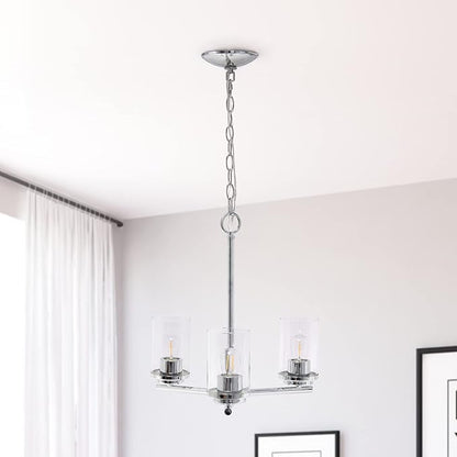 Elegant Designs PT1018-CHR 15" Traditional Vintage Modern Industrial 3-Light Metal and Clear Glass Kitchen Island Foyer Hallway Living Room Den Dining Room Hanging Pendant Chandelier, Chrome
