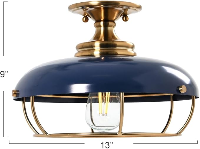 Presley Caged Dome Metal Semi-Flush Mount Ceiling Light, Brushed Brass and Navy Blue