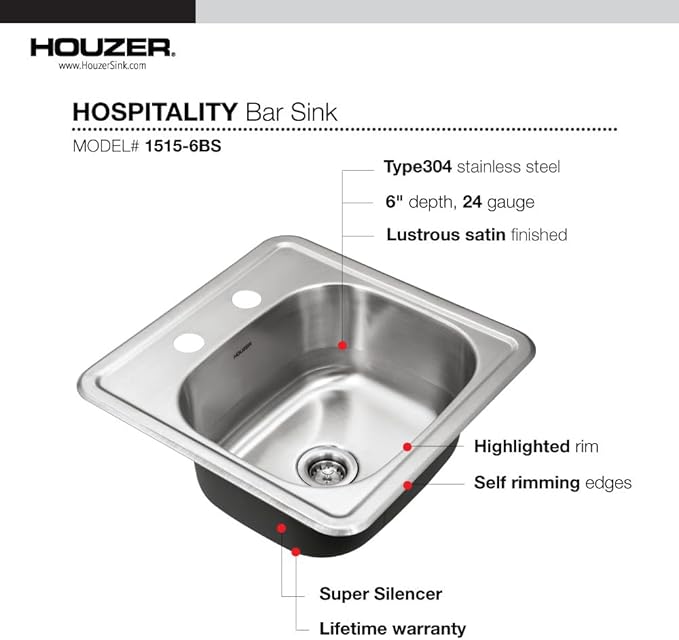 Houzer Hospitality Stainless Steel Bar & Prep Sink: 15 Inch Drop-In Topmount 2-Hole Sink for Bar & Kitchen, Durable & Versatile, Essential for Home & Apartment: 1515-6BS-C