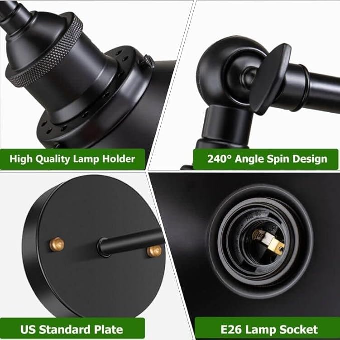 Licperron Black Wall Sconce, Industrial Vintage Wall Sconces Lighting for Bedroom Kitchen Bathroom, 240 Degree Adjustable Rustic Antique Gooseneck Wall Lamp, 4 Pack