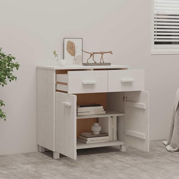 White Sideboard Buffet Cabinet with Storage, Solid Pine Wood Countertop, 31.1 x 15.7 x 31.5 in, Modern Console Table for Coffee Station, Dining Room, Kitchen or Entryway