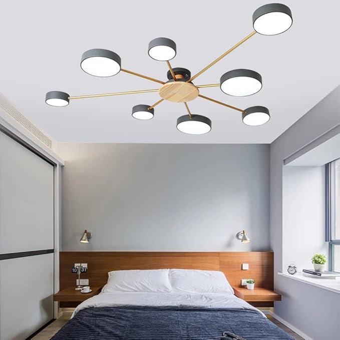 8-Lights LED Ceiling Light Fixture,48 Inch Modern Ceiling Lights Flush Mount Wooden 64W Dimmable Chandelier for Living Room Bedroom Kitchen,3000K/4000K/6000K Grey