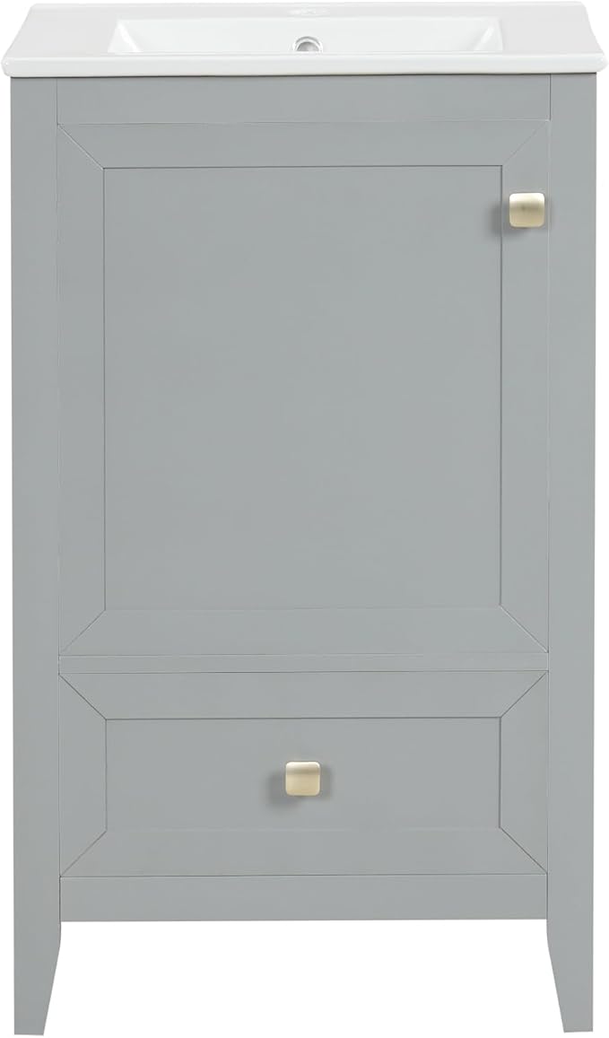 20" Bathroom Vanity with Ceramic Sink Top Set, Multi-Functional Storage Cabinet with Rack Organizer and Drawer, Soft-Closing Door, Solid Wood Frame, Gray