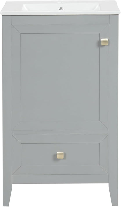 20" Bathroom Vanity with Ceramic Sink Top Set, Multi-Functional Storage Cabinet with Rack Organizer and Drawer, Soft-Closing Door, Solid Wood Frame, Gray
