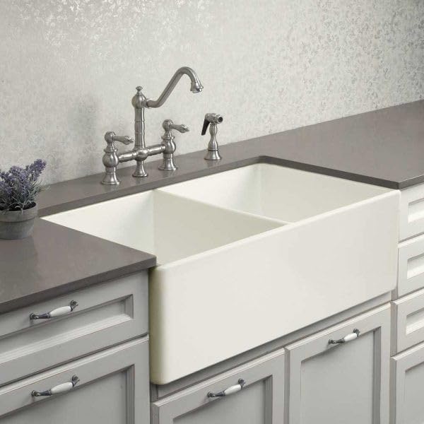 Houzer Platus White Fireclay Kitchen Sink: 33 Inch Apron Front Farmhouse 50/50 Double Bowl Sink, Durable & Versatile, Essential for Home and Apartment PTD-4400 WH