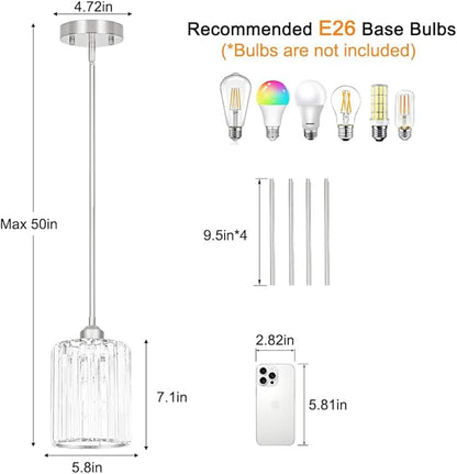 Lxybcce Chrome Kitchen Pendant Lights Over Island with Adjustable Rods - Crystal Pendant Lighting Fixtures 3 Pack, Ideal Over Dining Table or Bar, E26 Bulb Compatible, No Electrician Needed