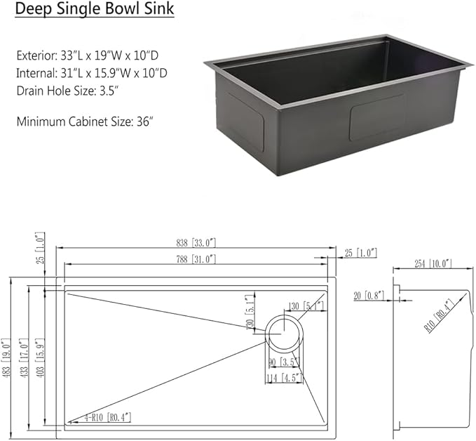 33 Black Undermount Kitchen Sink, 33x19 Stainless Steel Workstation Kitchen Sink with Offset Drain 16 Gauge Single Bowl Deep Basin