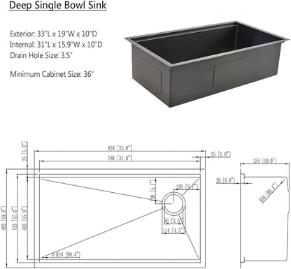 33 Black Undermount Kitchen Sink, 33x19 Stainless Steel Workstation Kitchen Sink with Offset Drain 16 Gauge Single Bowl Deep Basin