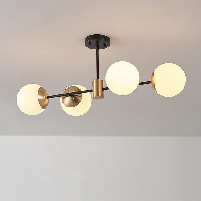 GLOBE Electric 67000064 4-Light Convertible Flush Mount Chandelier, Matte Black, Brass Accents, Opal Glass, Light Fixtures Ceiling Mount, Ceiling Light for Bedroom, Lighting for Hallway