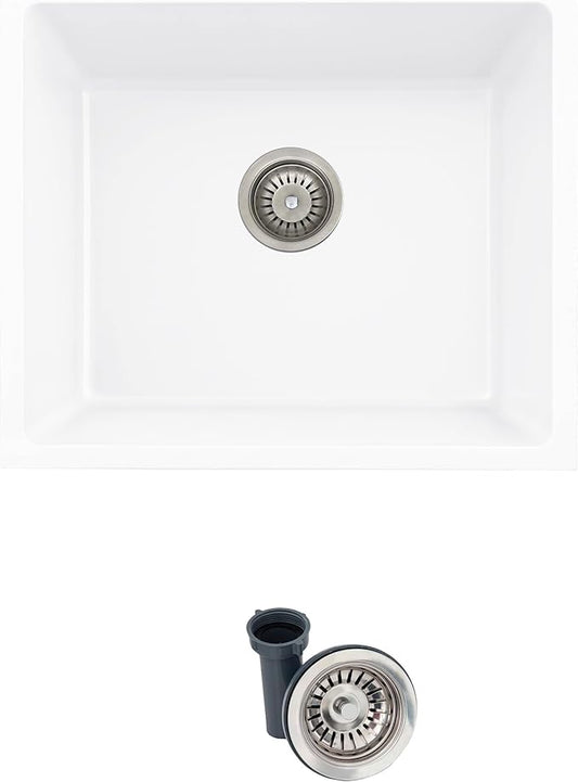 Stylish 22 x 17.5 Composite Granite Kitchen Sink, Single Bowl Under Mount & Drop in, 8.25 in Deep, Rear-Center Drain, with Strainer, White, S-822H