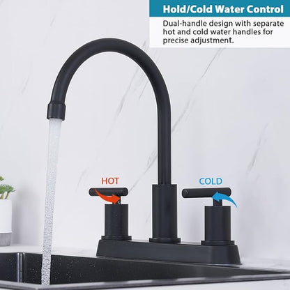 3 Hole Kitchen Faucet, Matte Black Two Handles Kitchen Faucet, RV Kitchen Sink Faucet, 3 Hole or 4 Holel Faucet for Kitchen Sink,TDLKF024W-B