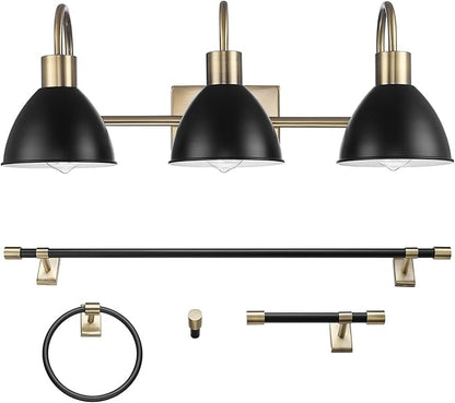 GLOBE Electric 63000058 5-Piece All-in-One Bathroom Accessory Set, Brass & Black, 3-Light Vanity Light, Towel Bar, Toilet Paper Holder, Towel Ring, Robe Hook, Bathroom Lights Over Mirror