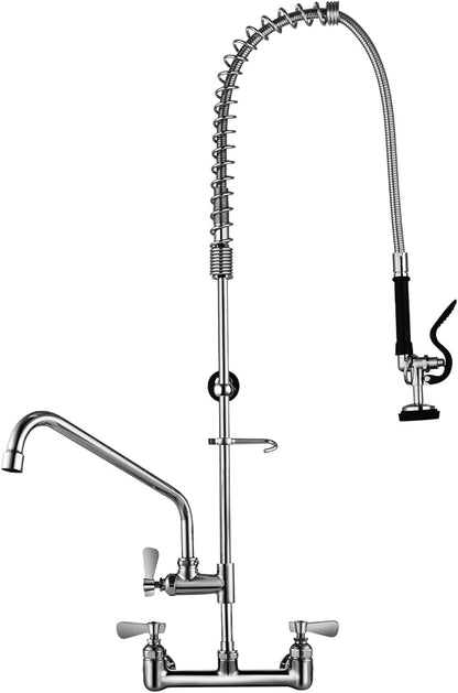 43" Height Commercial Kitchen Sink Faucet Wall Mount with Pre-Rinse Sprayer, 8 inch Center Wall Mount Faucet with Spring Pull Down Sprayer and 12" Add-on Spout for Restaurant