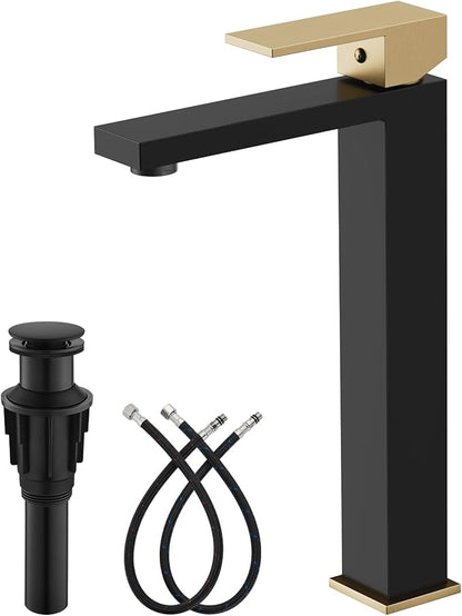 gotonovo Vessel Sink Faucet Single Handle Tall Bathroom Faucet One Hole Modern Lavatory Vanity Basin Mixer Tap Matching Supply Hoses and Pop up Drain Without Overflow, Matte Black&Brushed Gold