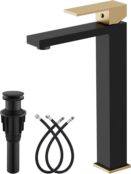 gotonovo Vessel Sink Faucet Single Handle Tall Bathroom Faucet One Hole Modern Lavatory Vanity Basin Mixer Tap Matching Supply Hoses and Pop up Drain Without Overflow, Matte Black&Brushed Gold