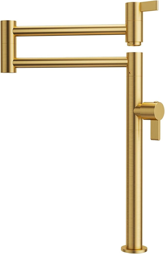 Deck Mount Pot Filler Faucet, ARCORA Solid Brass Pot Filler Brushed Gold Kitchen Folding Faucet with Stretchable Double Joint Swing Arm, Deck Mounted Pot Filler