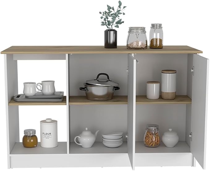 GOWE Juniper Kitchen Island, Four Open Shelves, Two Cabinets -Light Oak/White