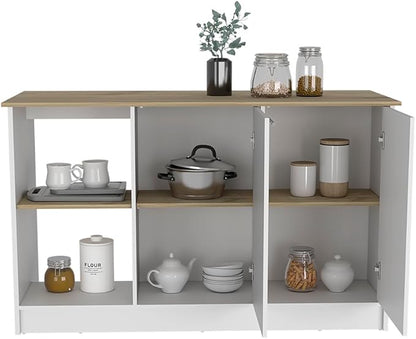 GOWE Juniper Kitchen Island, Four Open Shelves, Two Cabinets -Light Oak/White